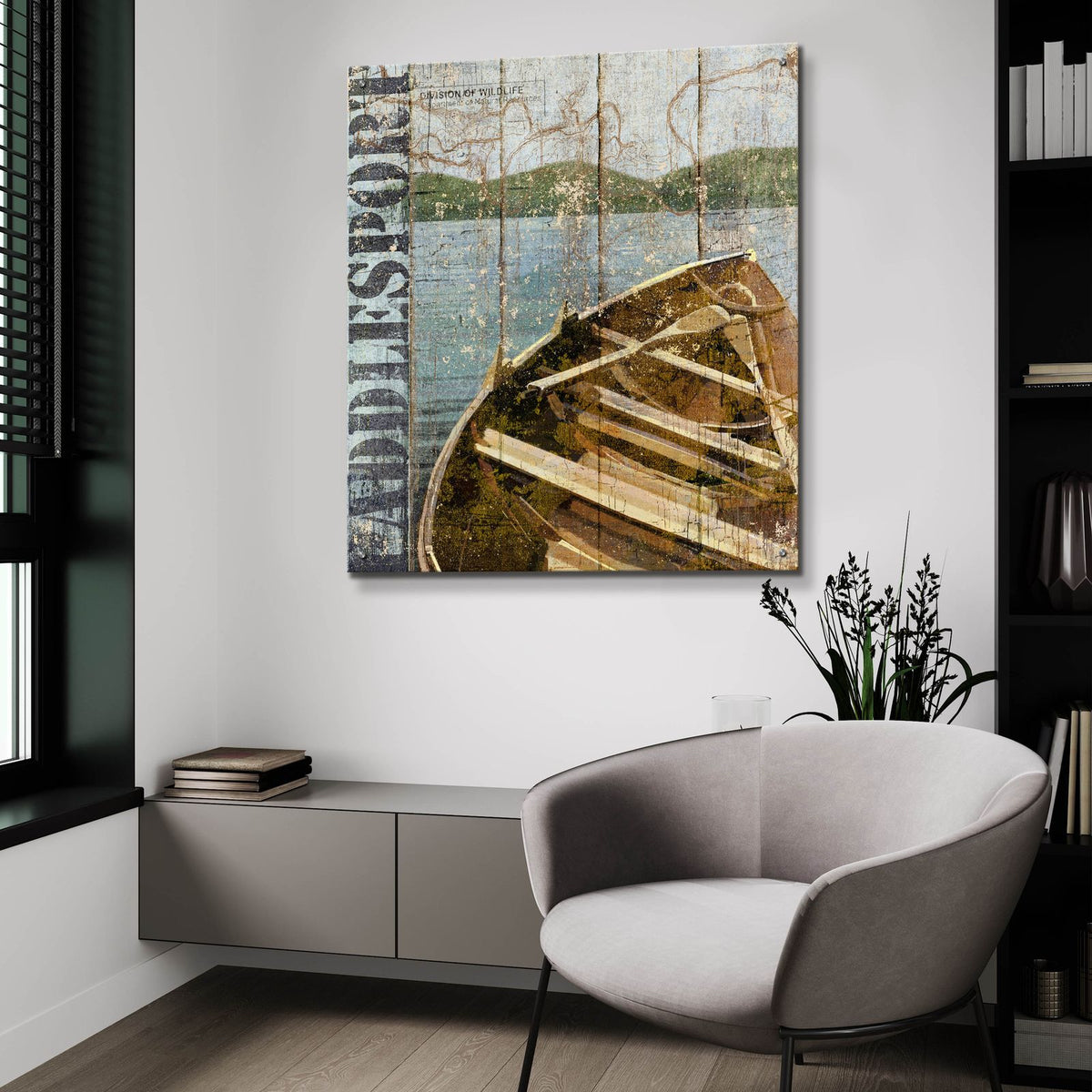 Open Season Row Boat by Art Licensing Studio - 36x36 acrylic wall art in a room