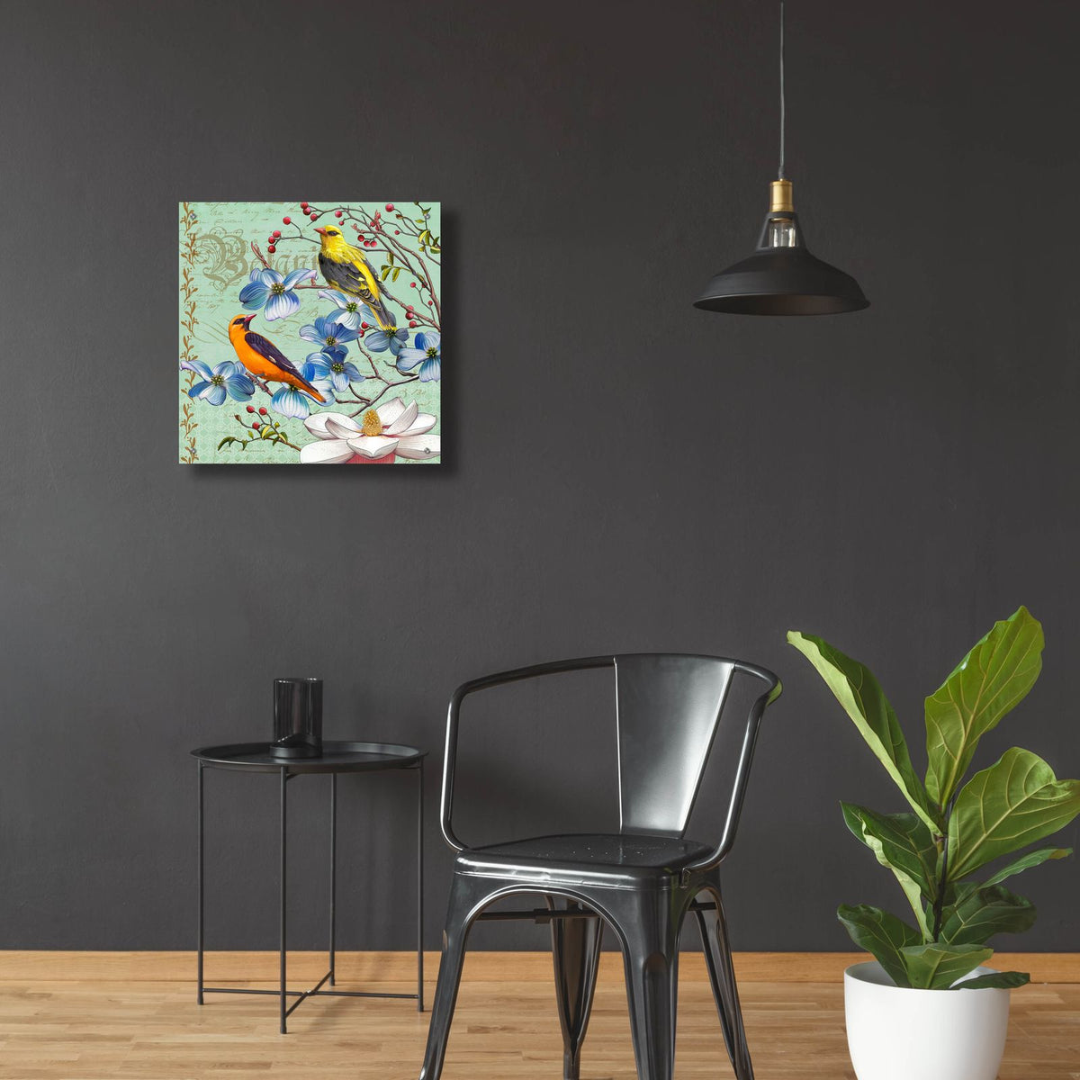 Oriole Bird Botanical by Art Licensing Studio - 24x24 acrylic wall art in a room
