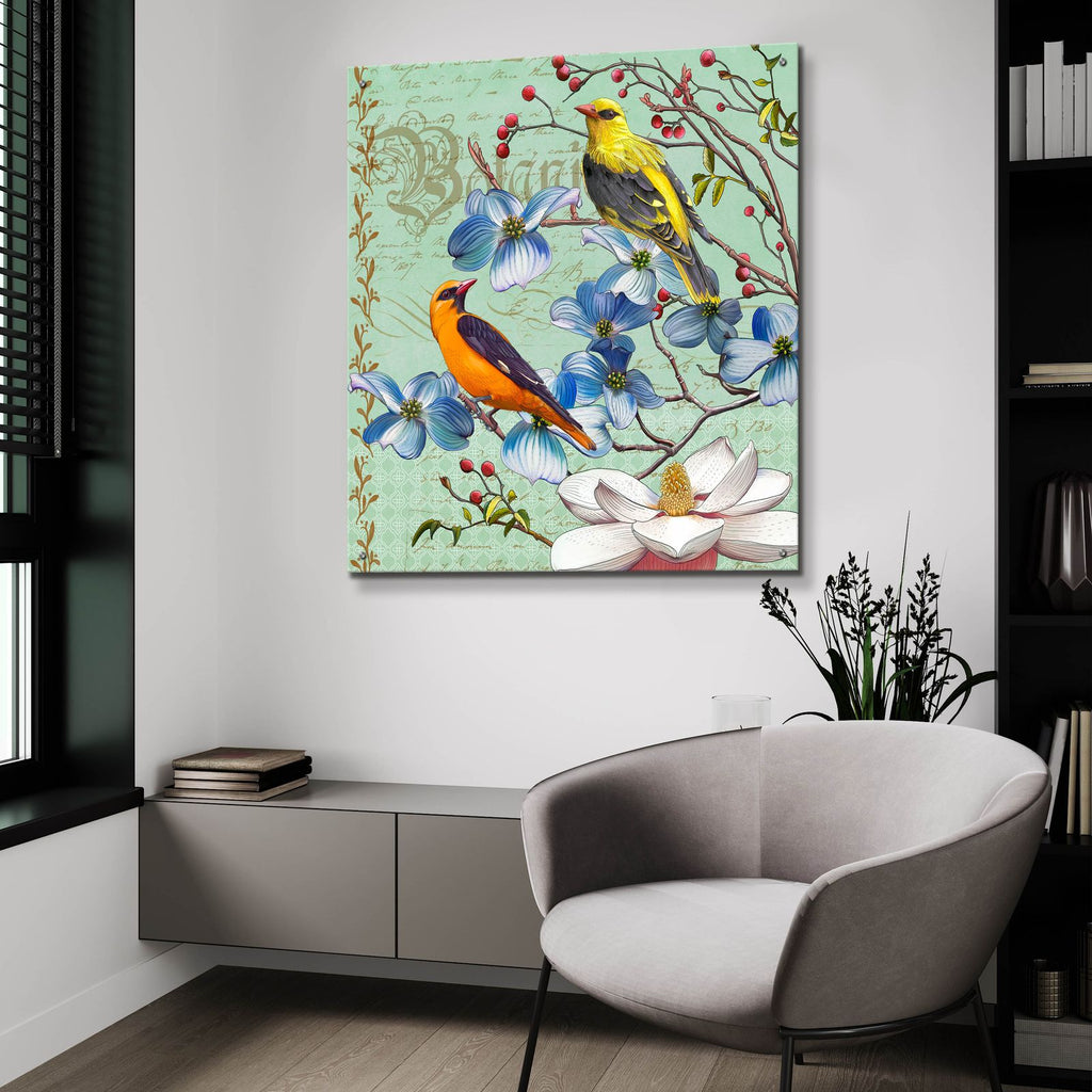 Oriole Bird Botanical by Art Licensing Studio - 36x36 acrylic wall art in a room