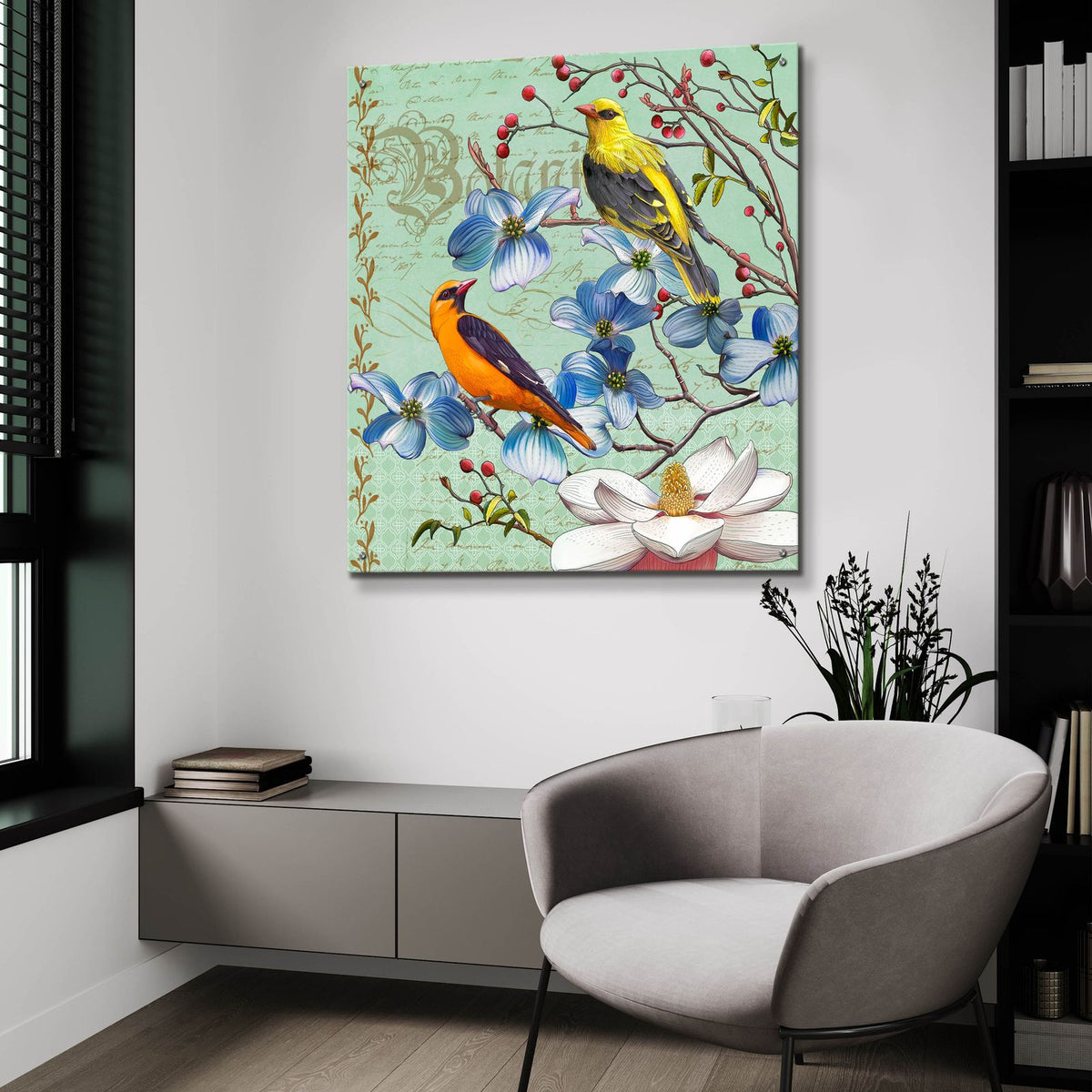 Oriole Bird Botanical by Art Licensing Studio - 36x36 acrylic wall art in a room