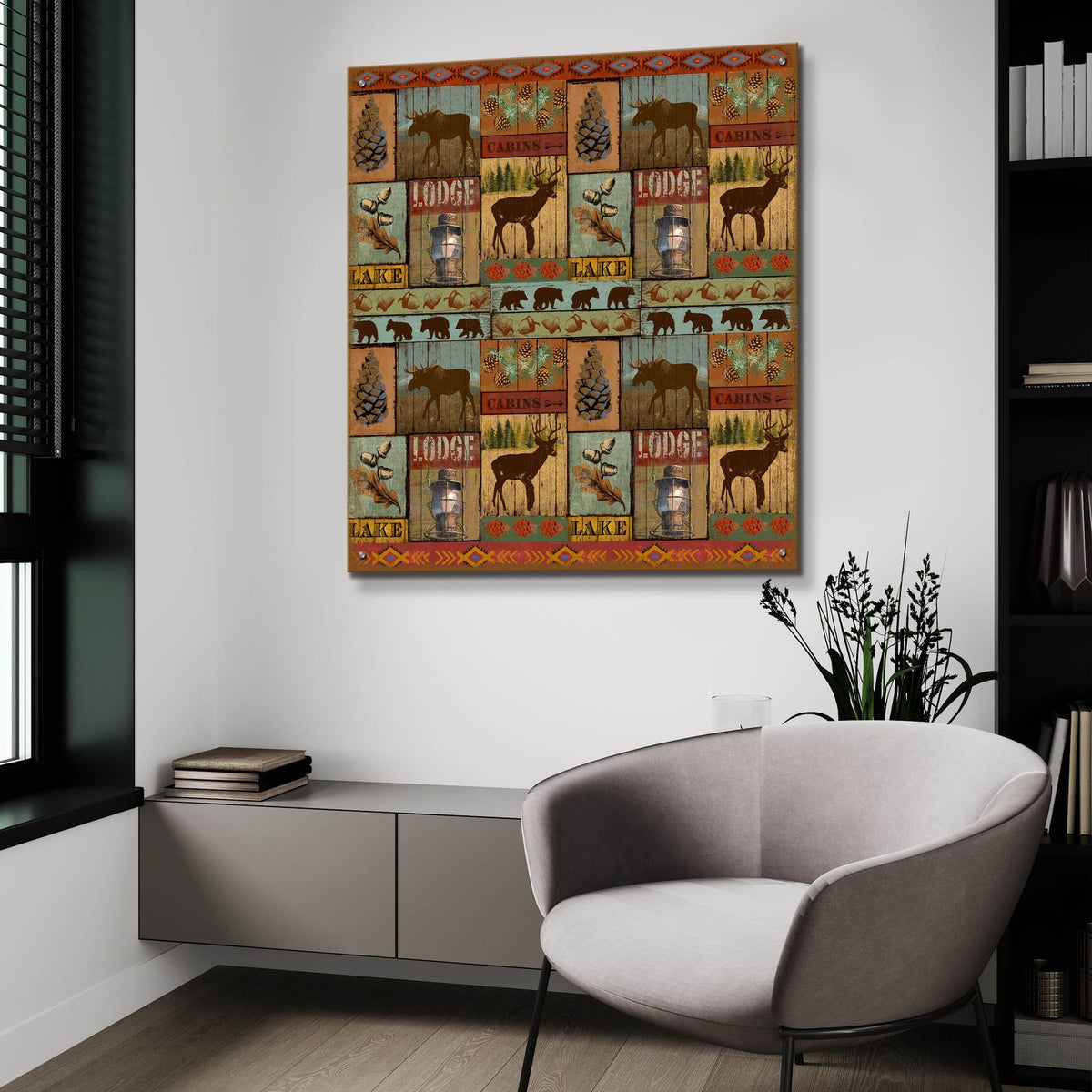 Patchwork Lodge And Cabin by Art Licensing Studio - 36x36 acrylic wall art in a room