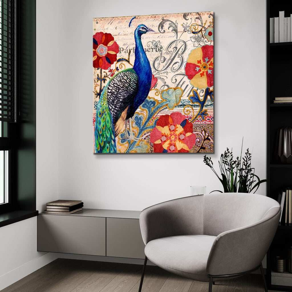 Peacock Dcor 1 by Art Licensing Studio - 36x36 acrylic wall art in a room