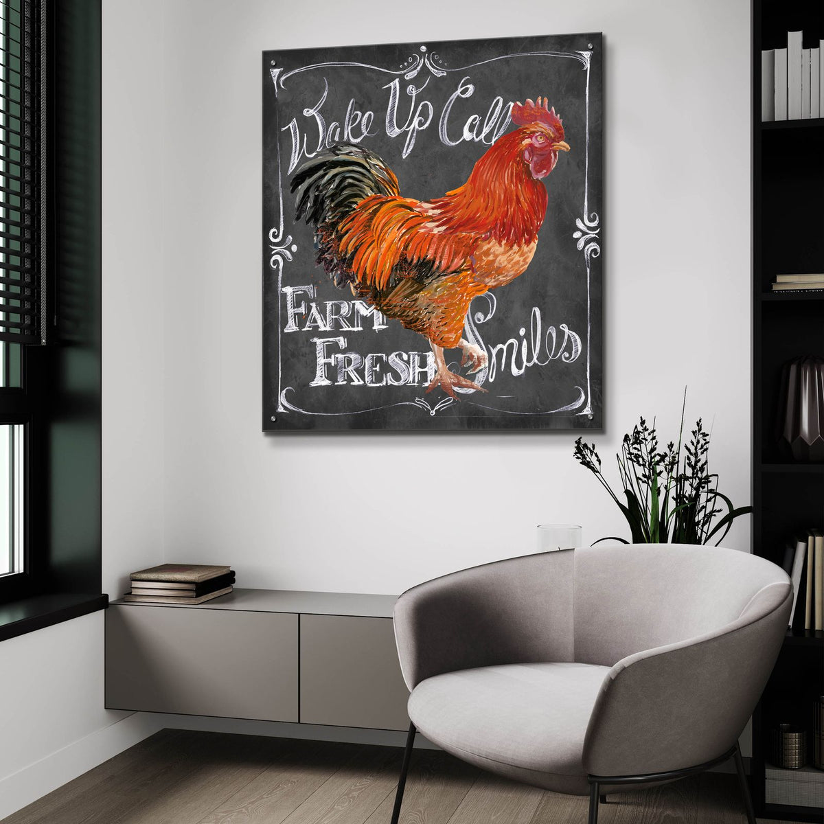 Rooster On Chalkboard 2 by Art Licensing Studio - 36x36 acrylic wall art in a room
