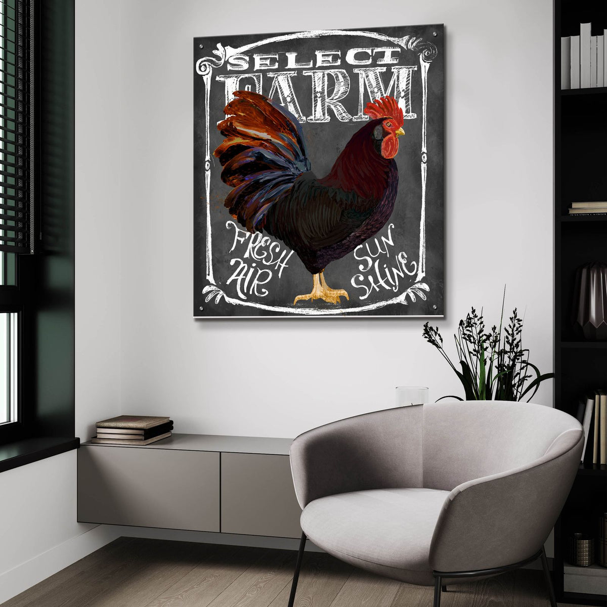Rooster On Chalkboard 3 by Art Licensing Studio - 36x36 acrylic wall art in a room