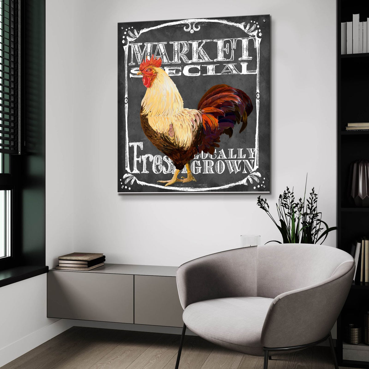 Rooster On Chalkboard 4 by Art Licensing Studio - 36x36 acrylic wall art in a room