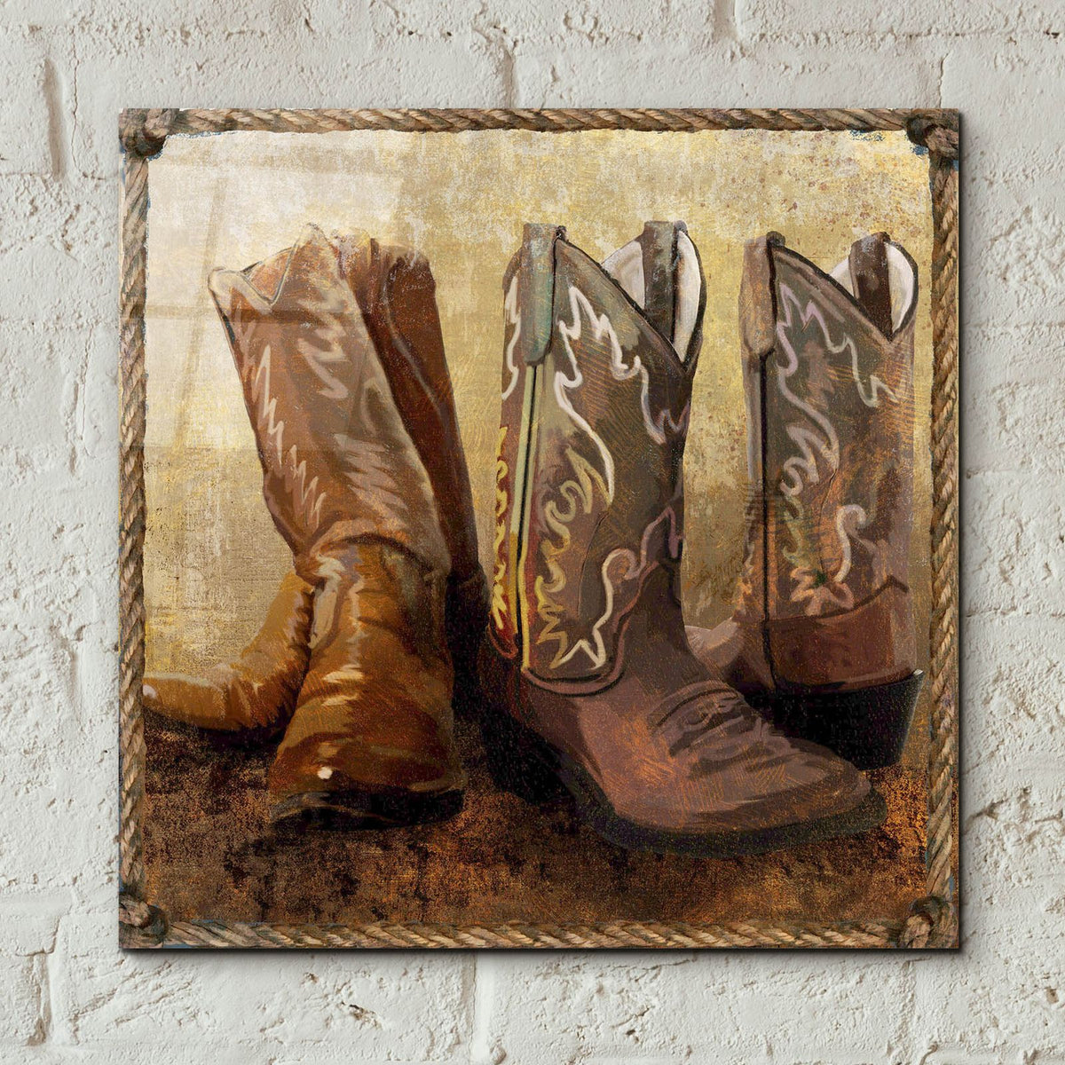 Roped In Boots by Art Licensing Studio - 12x12 acrylic wall art in a room