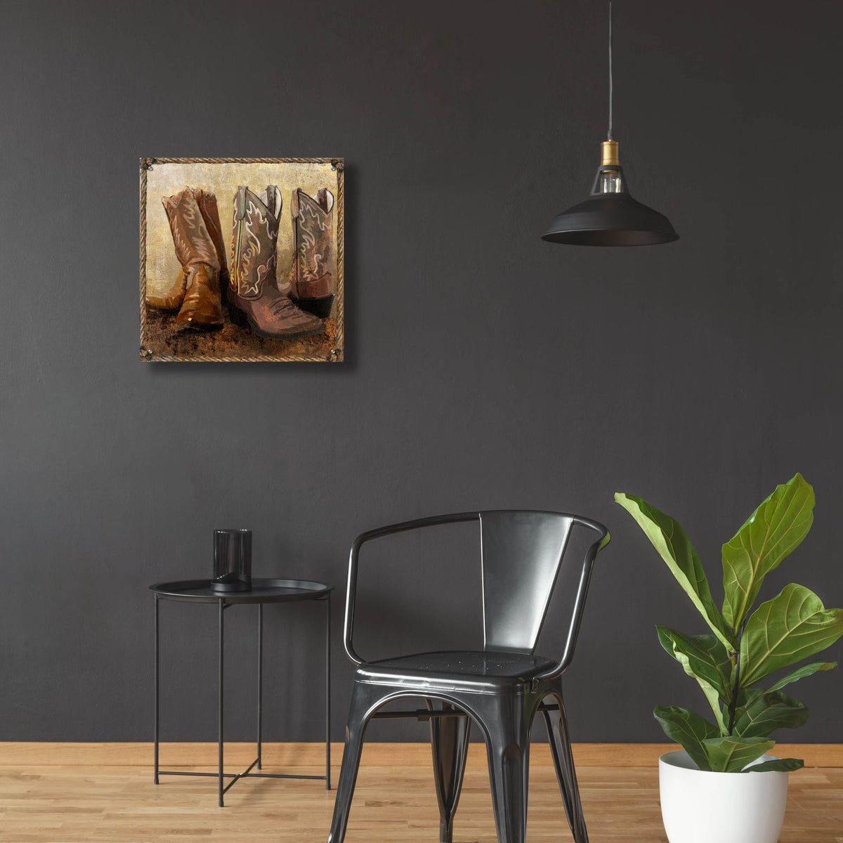 Roped In Boots by Art Licensing Studio - 24x24 acrylic wall art in a room
