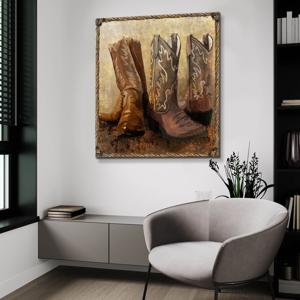 Roped In Boots by Art Licensing Studio - 36x36 acrylic wall art in a room