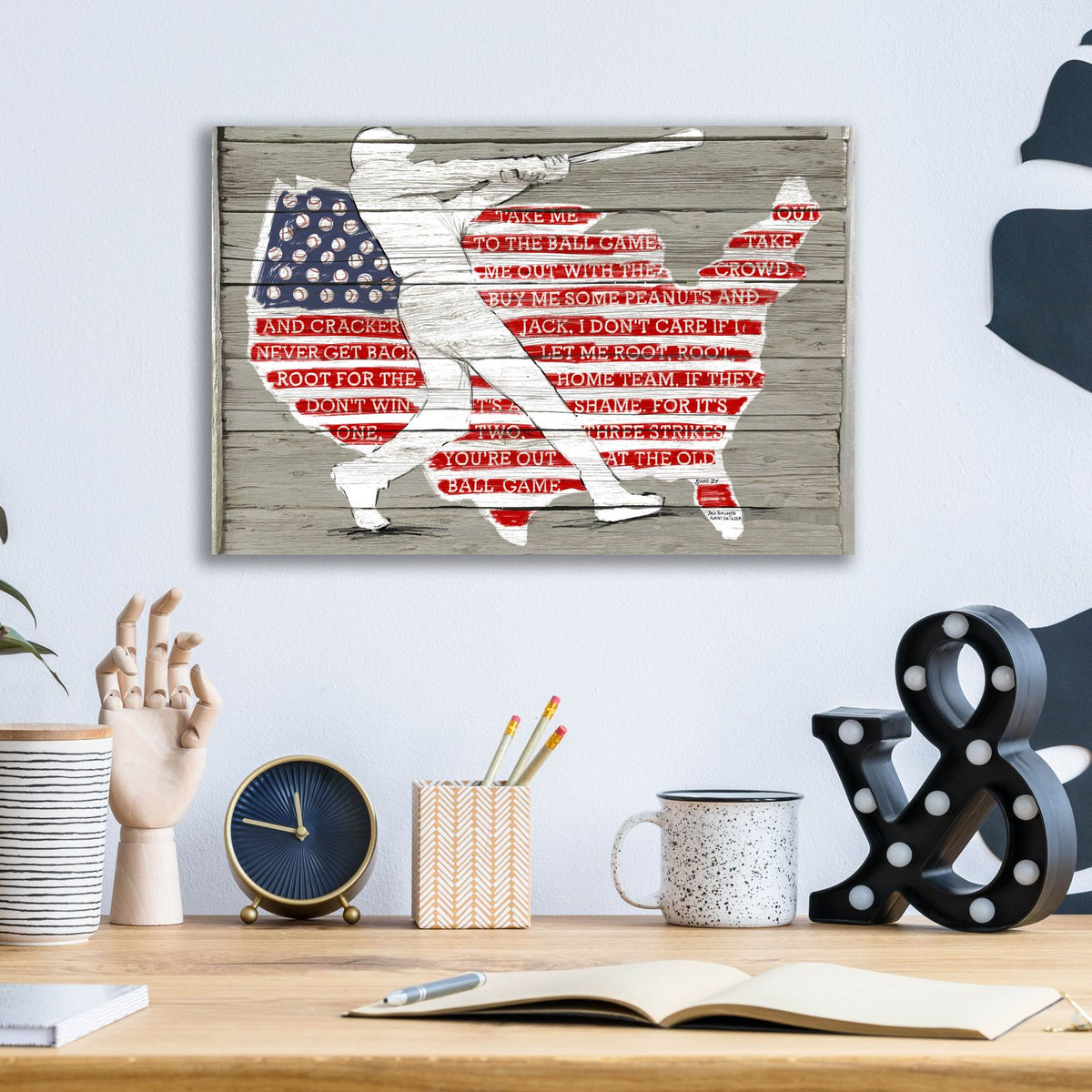 Usa Flag And Batter by Art Licensing Studio - 16x12 acrylic wall art in a room