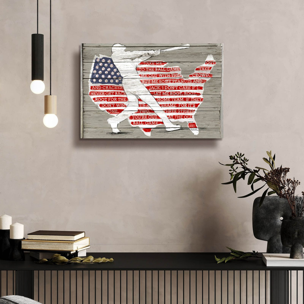 Usa Flag And Batter by Art Licensing Studio - 24x16 acrylic wall art in a room