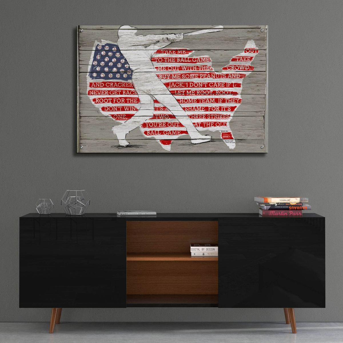Usa Flag And Batter by Art Licensing Studio - 36x24 acrylic wall art in a room