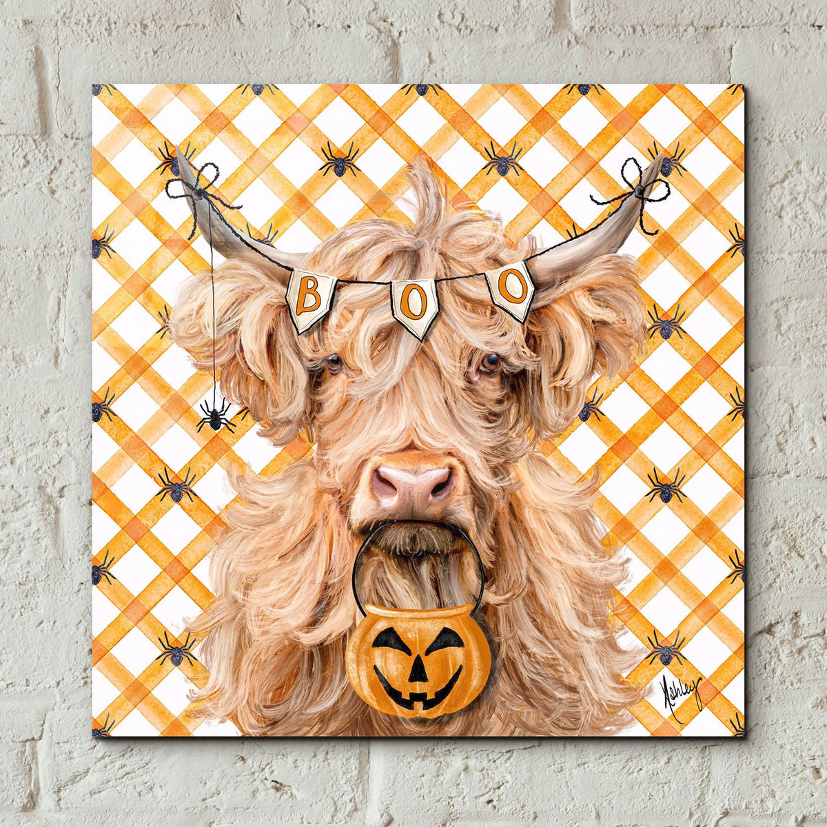 Halloween Highland Cow by Ashley Bradley - 12x12 acrylic wall art in a room