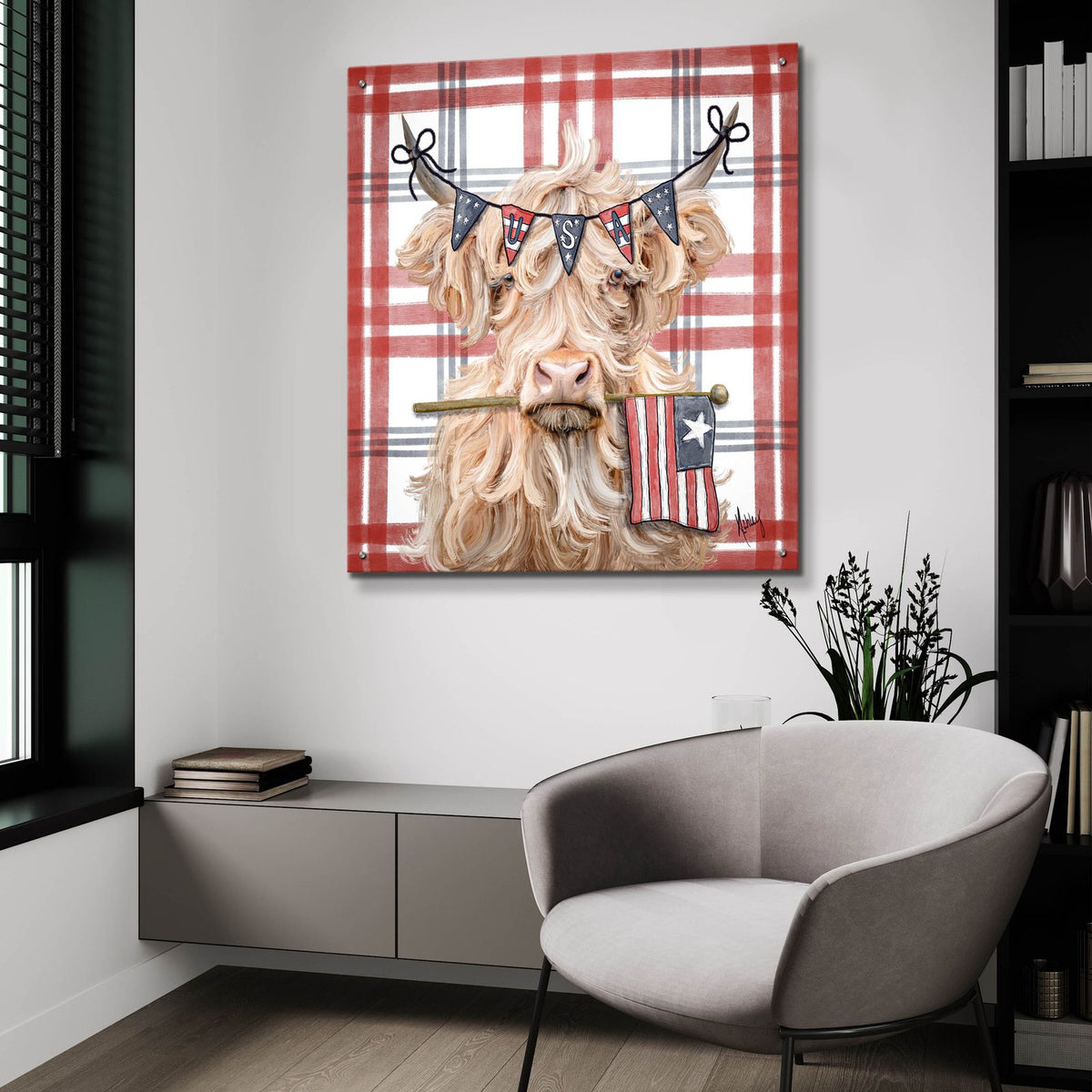 Patriotic Highland Cow by Ashley Bradley - 36x36 acrylic wall art in a room