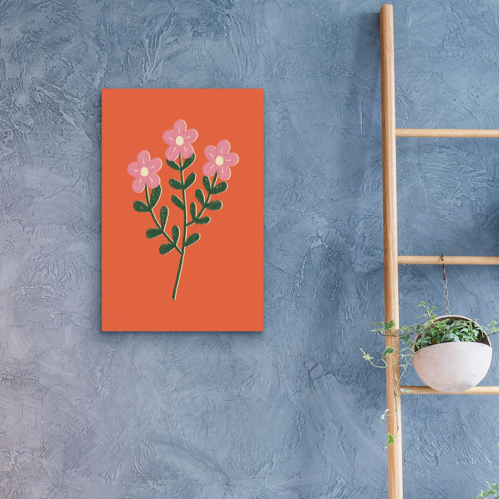 Pink And Green Flower Trio On Orange by Club Daydream - 16x24 acrylic wall art in a room