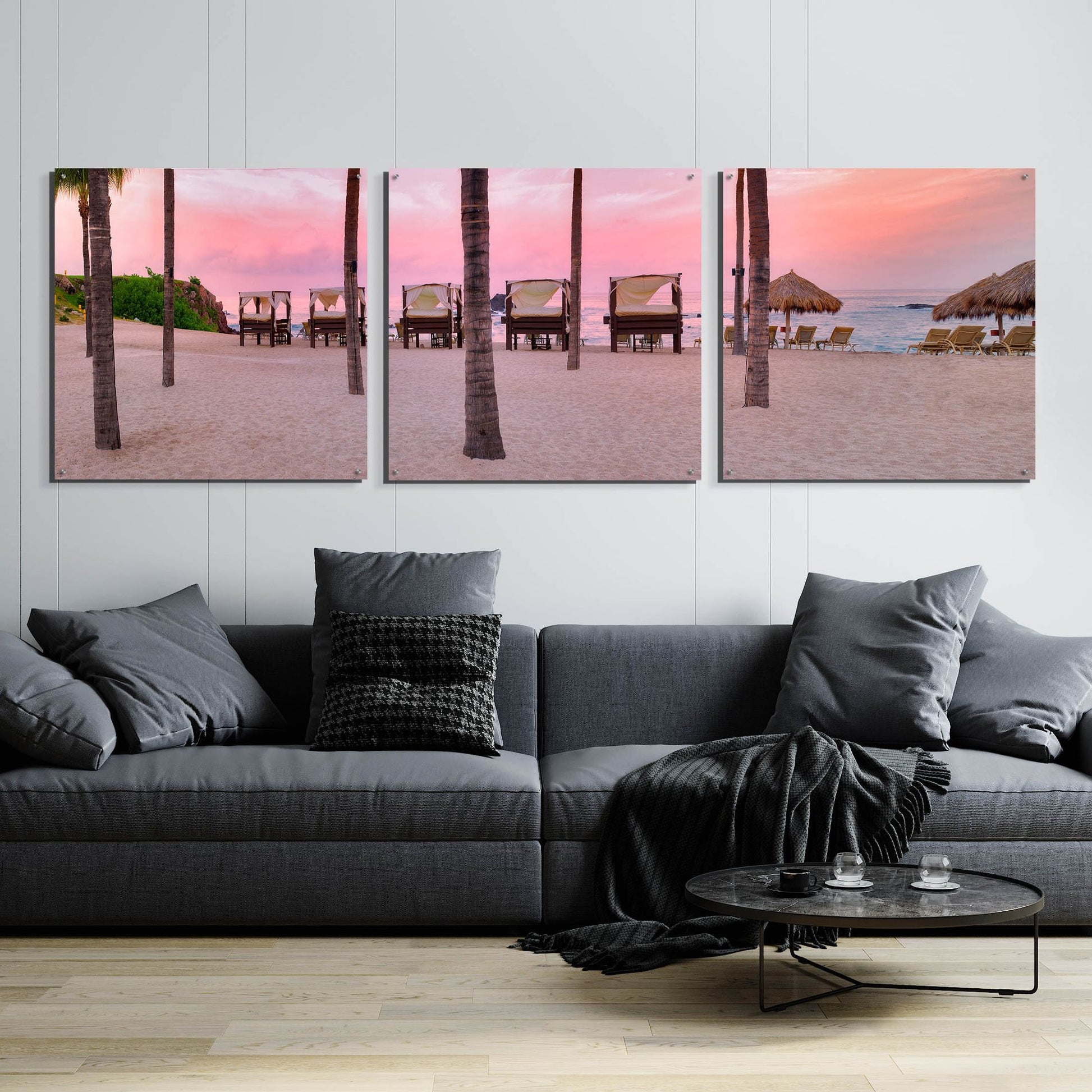 Epic Art 'Pink Beach' by Dennis Frates, Acrylic Glass Wall Art, 3 Piece Set,108x36