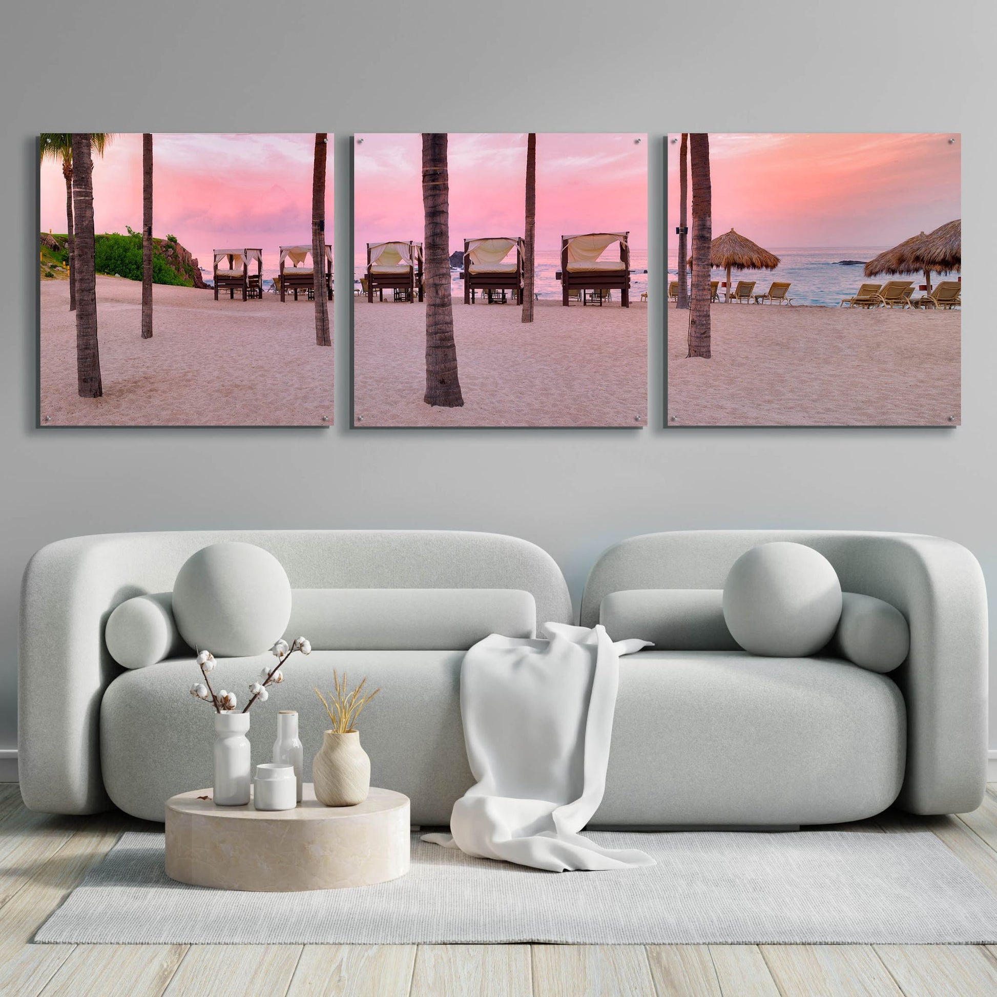 Epic Art 'Pink Beach' by Dennis Frates, Acrylic Glass Wall Art, 3 Piece Set,108x36
