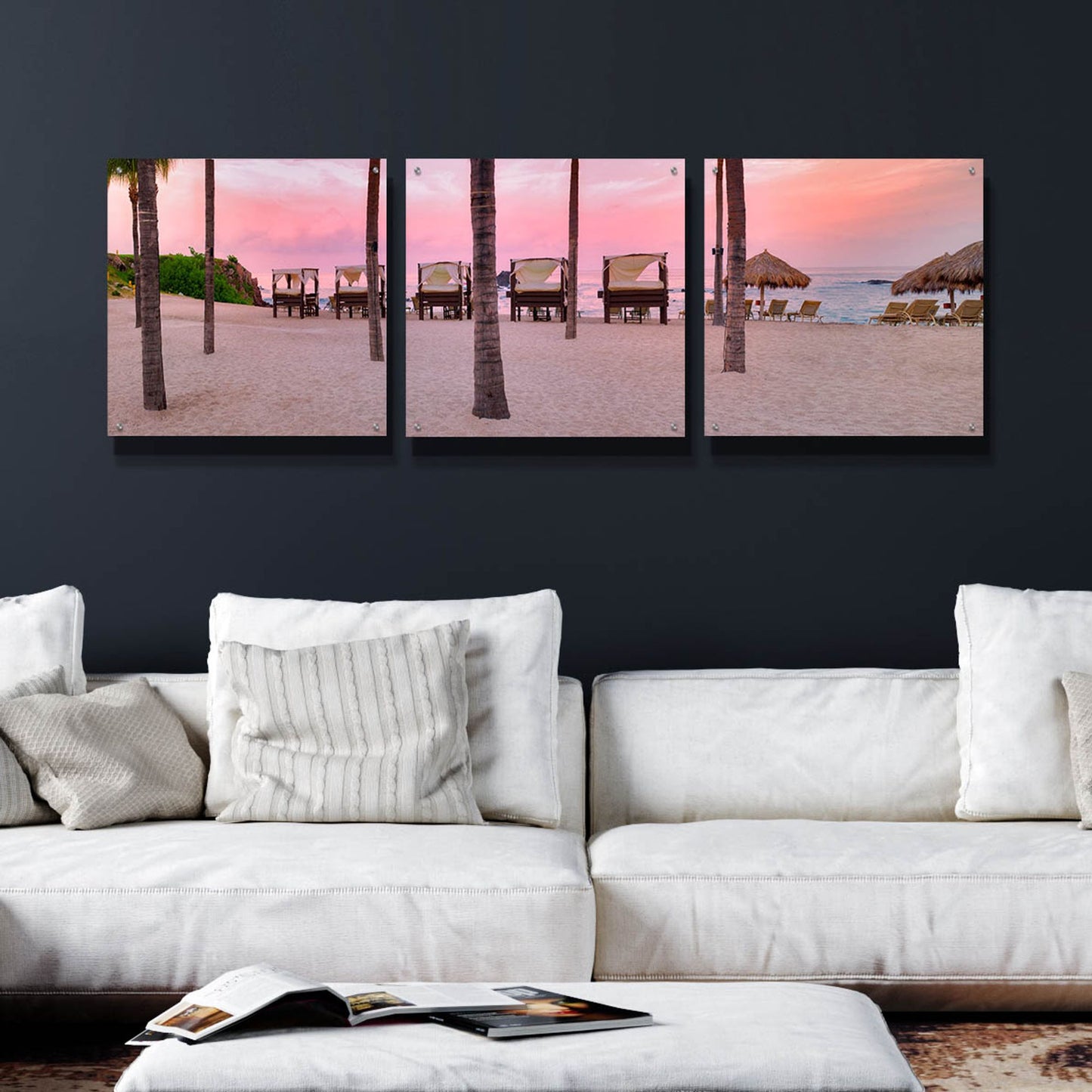 Epic Art 'Pink Beach' by Dennis Frates, Acrylic Glass Wall Art, 3 Piece Set,72x24