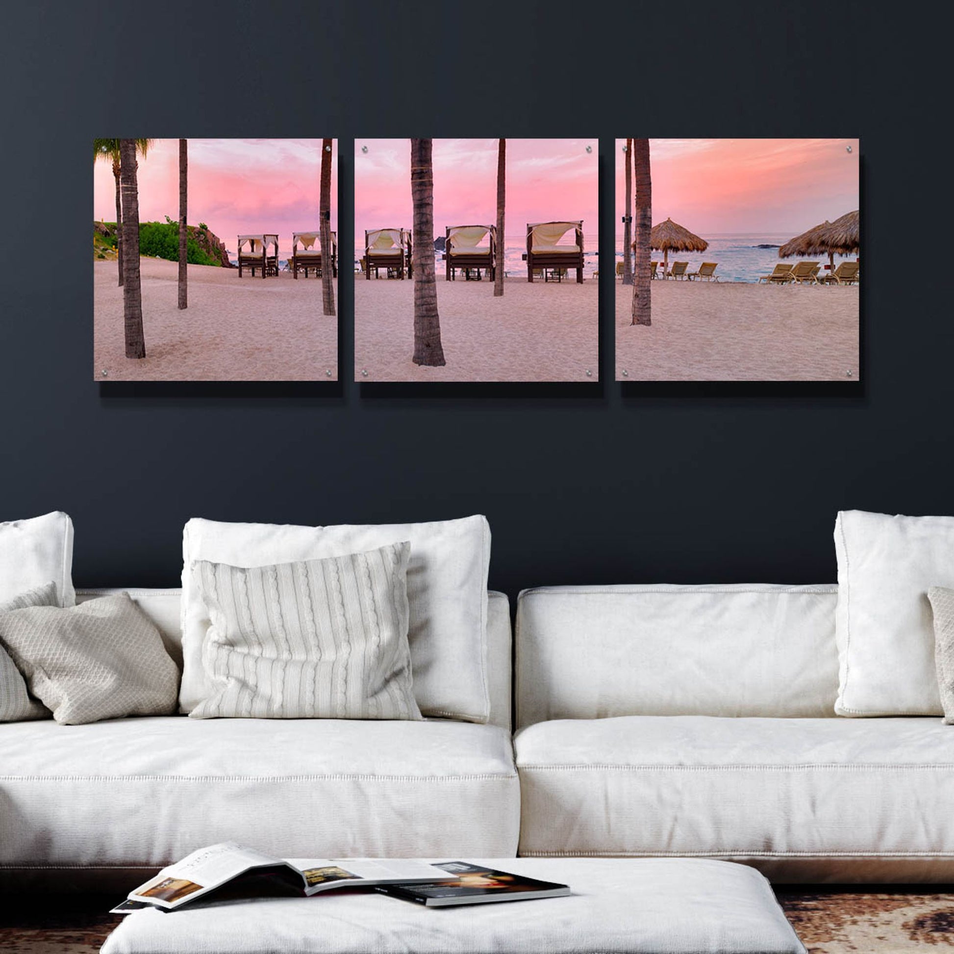Epic Art 'Pink Beach' by Dennis Frates, Acrylic Glass Wall Art, 3 Piece Set,72x24