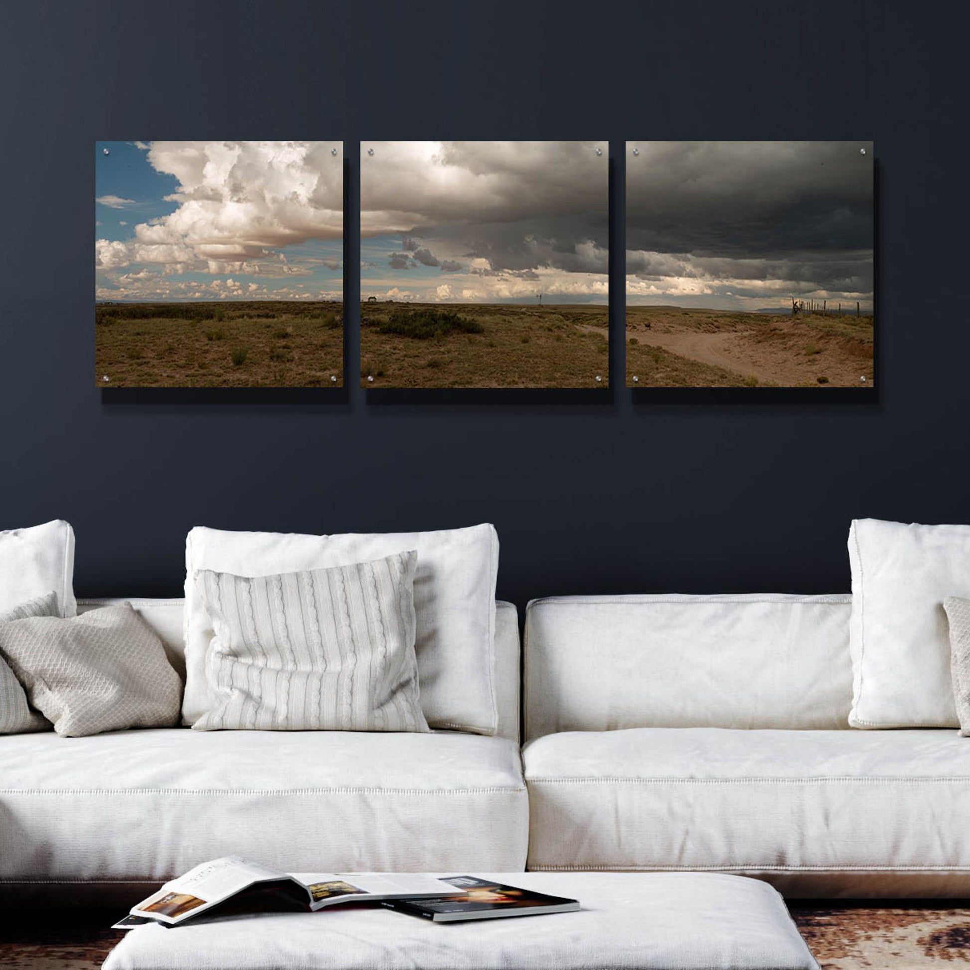 Epic Art 'Cloudy Landscape' by Dennis Frates, Acrylic Glass Wall Art, 3 Piece Set,72x24