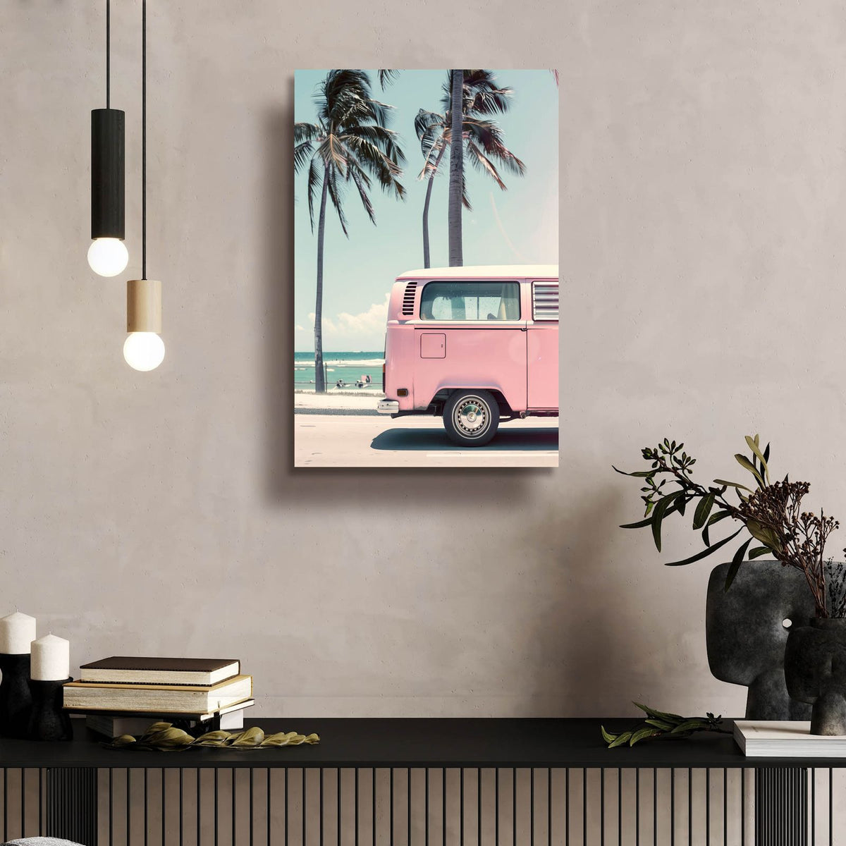 Pink Bus At The Beach by Andreas Magnusson - 16x24 acrylic wall art in a room