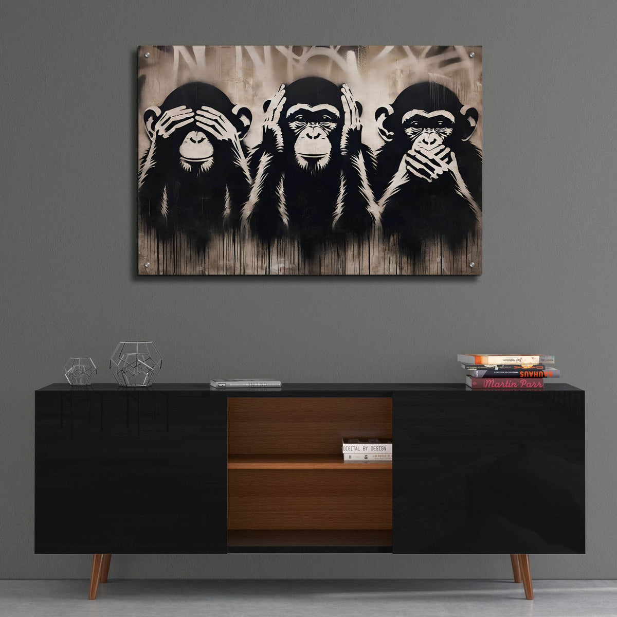 Three Wize Monkeys by Andreas Magnusson - 36x24 acrylic wall art in a room