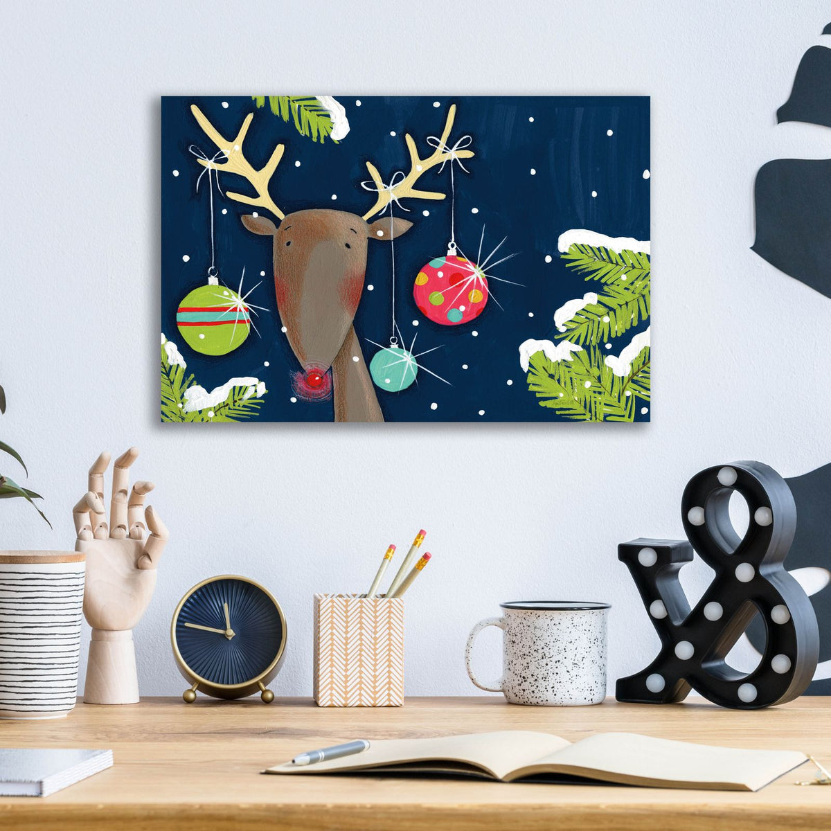 Bright Christmas Deer Blue by Anne Tavoletti - 16x12 acrylic wall art in a room