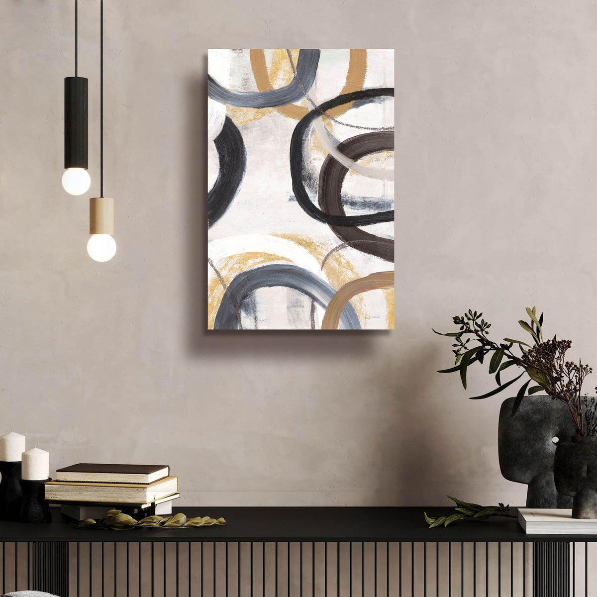 Dwell 1 Gold Neutral C by Cheryl Warrick - 16x24 acrylic wall art in a room
