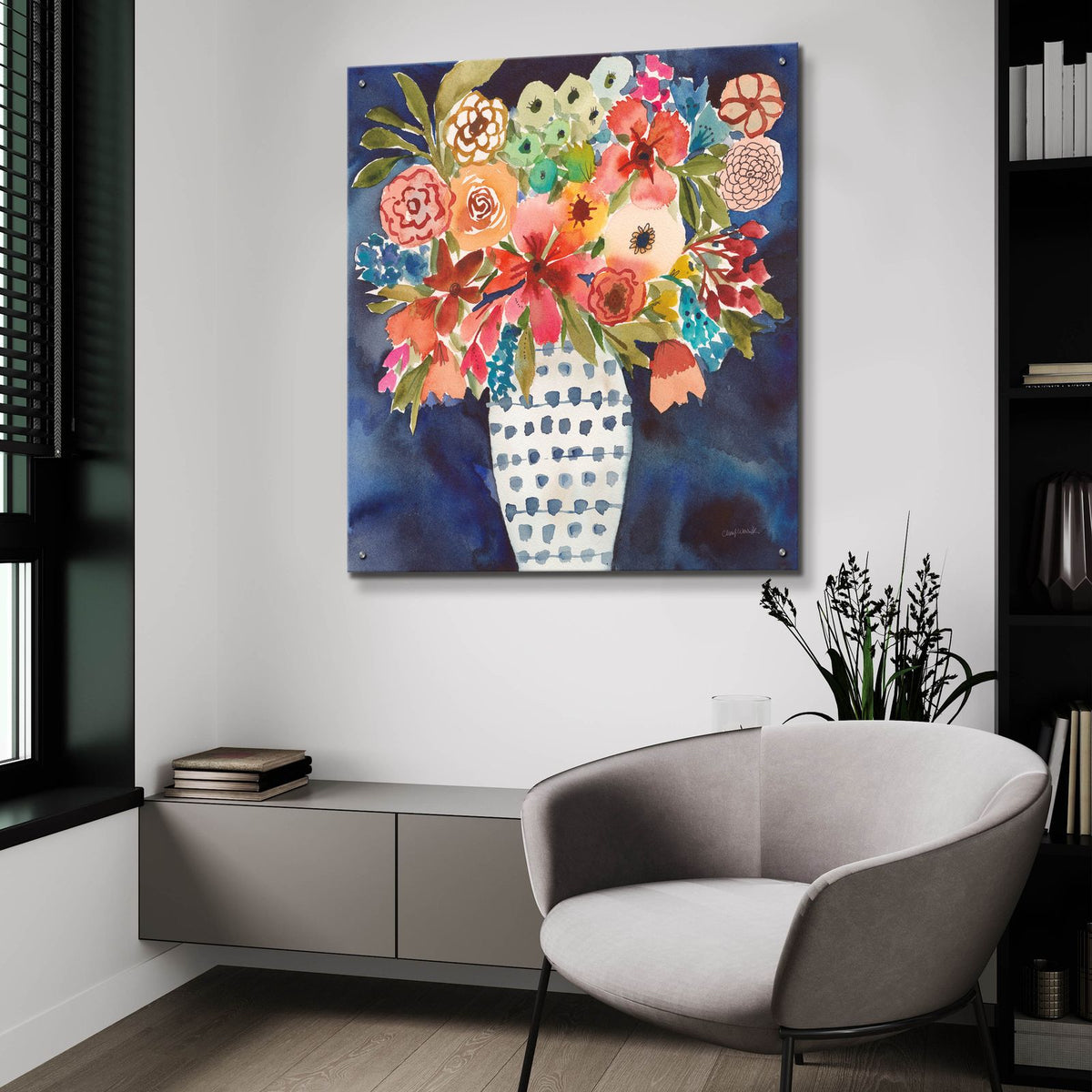 Floral Beauty 2 Striped Vase by Cheryl Warrick - 36x36 acrylic wall art in a room
