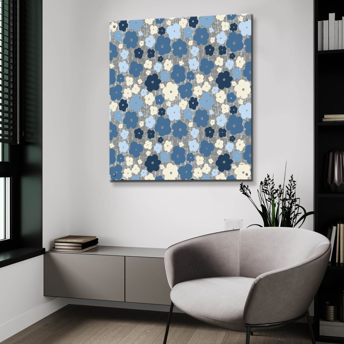 Main Street Garden Toss Blue And White by Cheryl Warrick - 36x36 acrylic wall art in a room