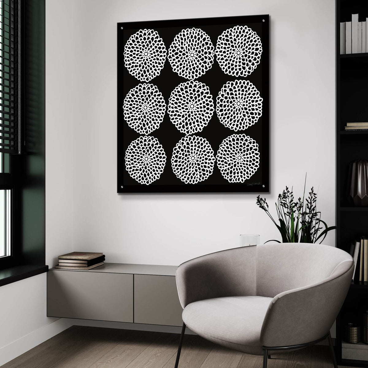 Main Street Mumsy Monochrome by Cheryl Warrick - 36x36 acrylic wall art in a room