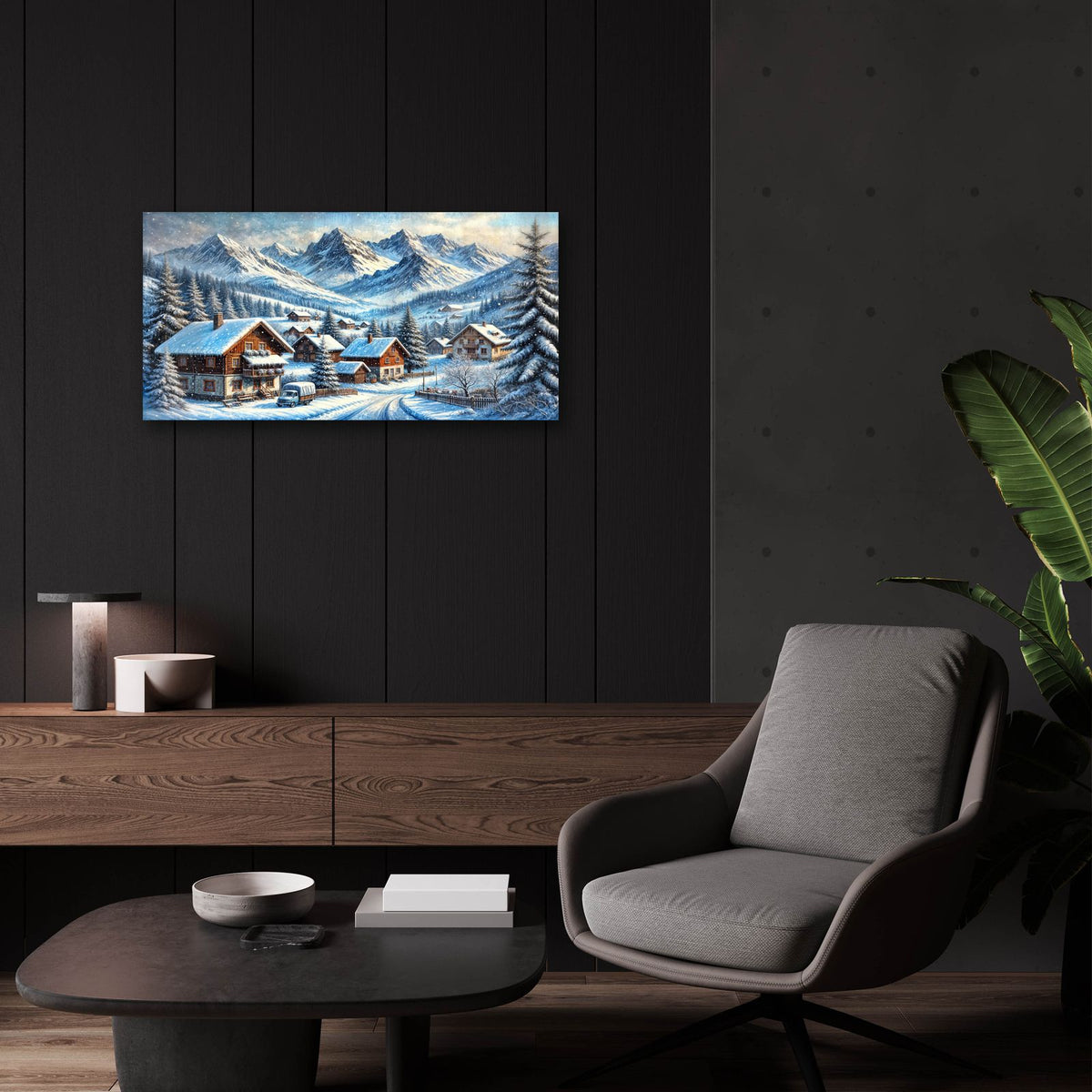 Alpine Village In Snow Paining by Rey Klimt - 24x12 acrylic wall art in a room