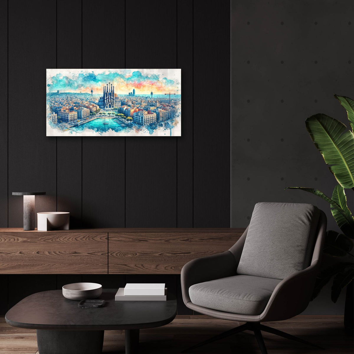 Barcelona Watercolor by Rey Klimt - 24x12 acrylic wall art in a room