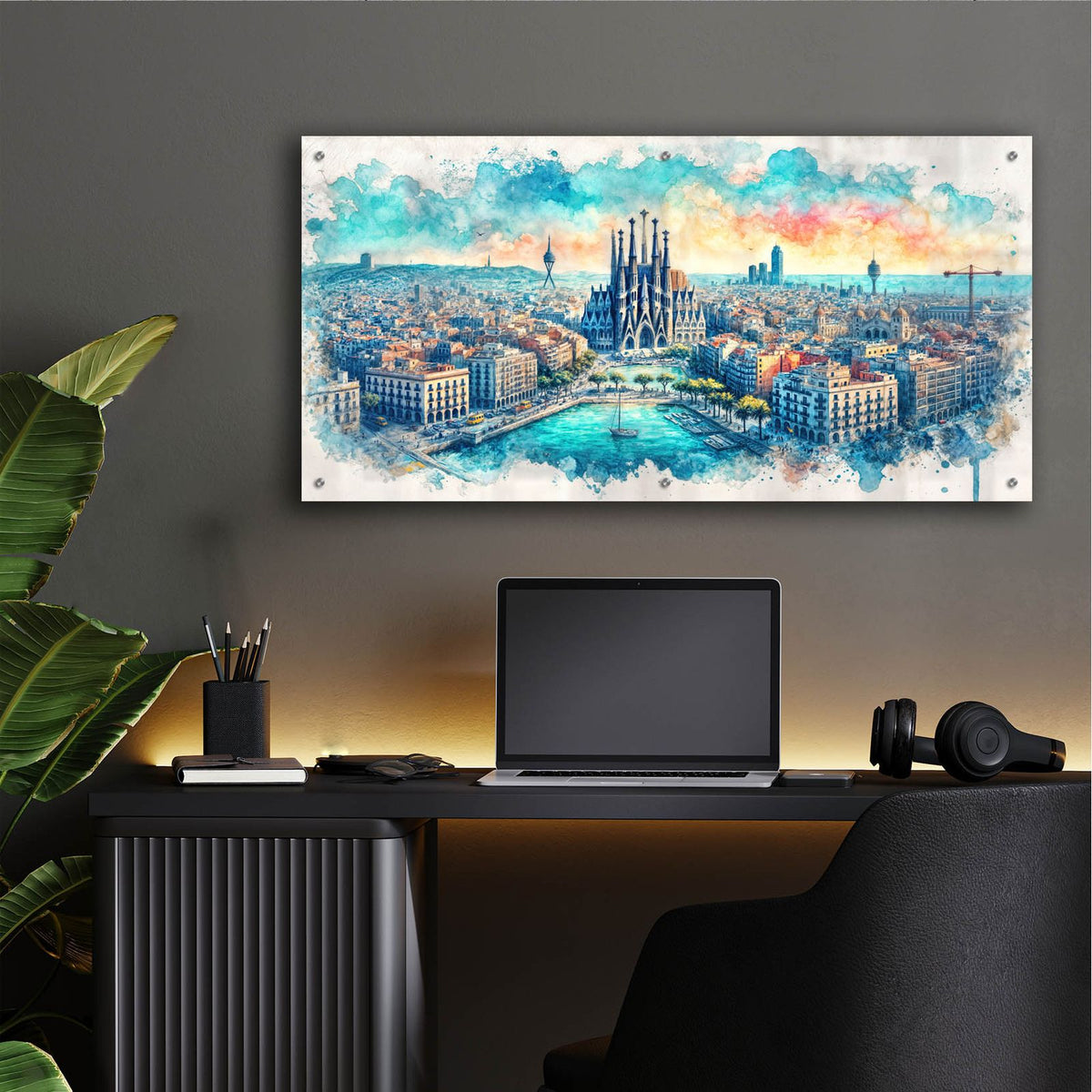 Barcelona Watercolor by Rey Klimt - 48x24 acrylic wall art in a room