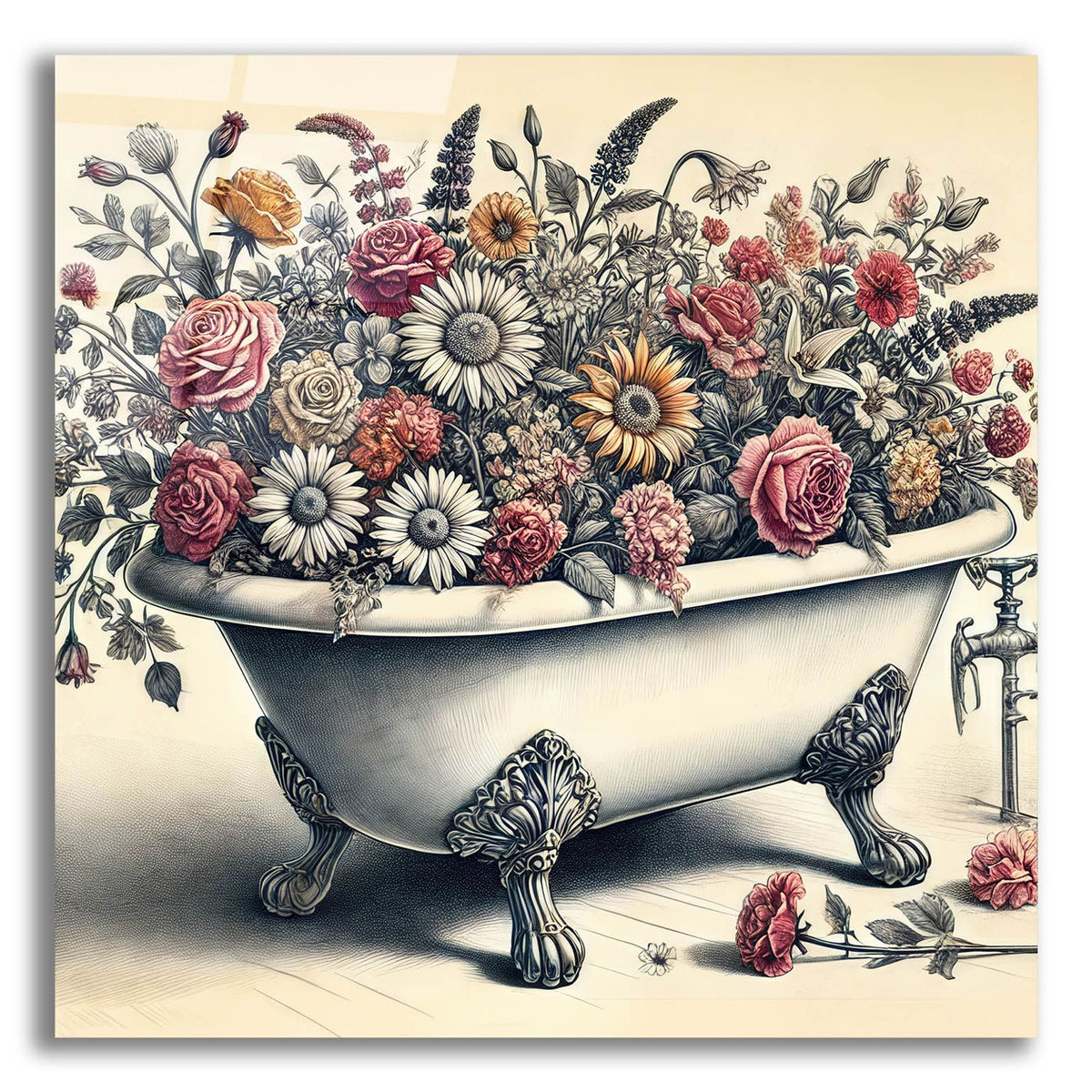 Bathtub Of Flowers by Rey Klimt acrylic glass wall art