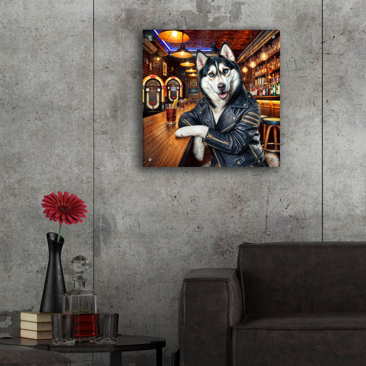 Biker Bar Husky Dog by Rey Klimt - 24x24 acrylic wall art in a room