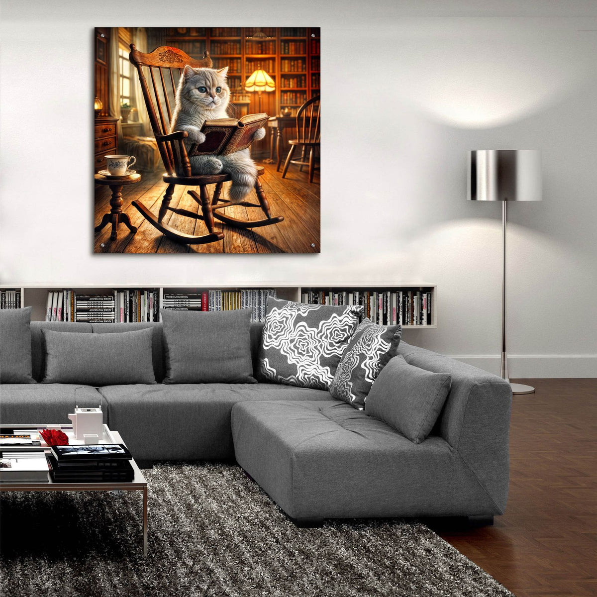 Cat In Rocking Chair Reading by Rey Klimt - 36x36 acrylic wall art in a room