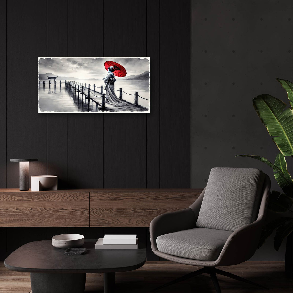 Japan Geisha With Red Umbrella by Rey Klimt - 24x12 acrylic wall art in a room