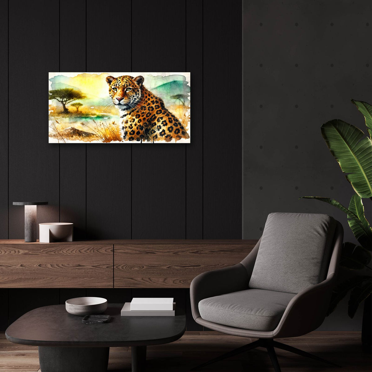 Leopard Watercolor by Rey Klimt - 24x12 acrylic wall art in a room