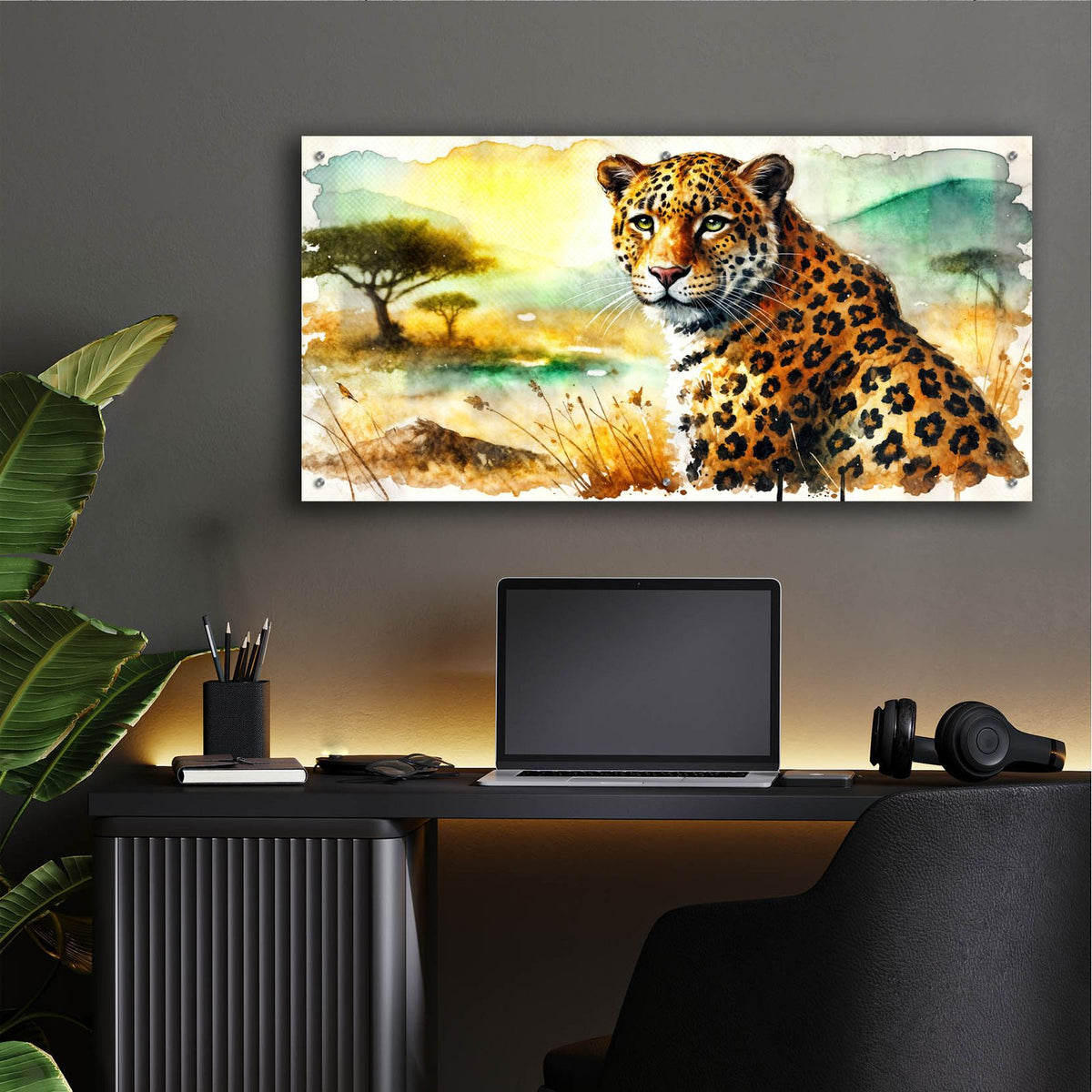 Leopard Watercolor by Rey Klimt - 48x24 acrylic wall art in a room