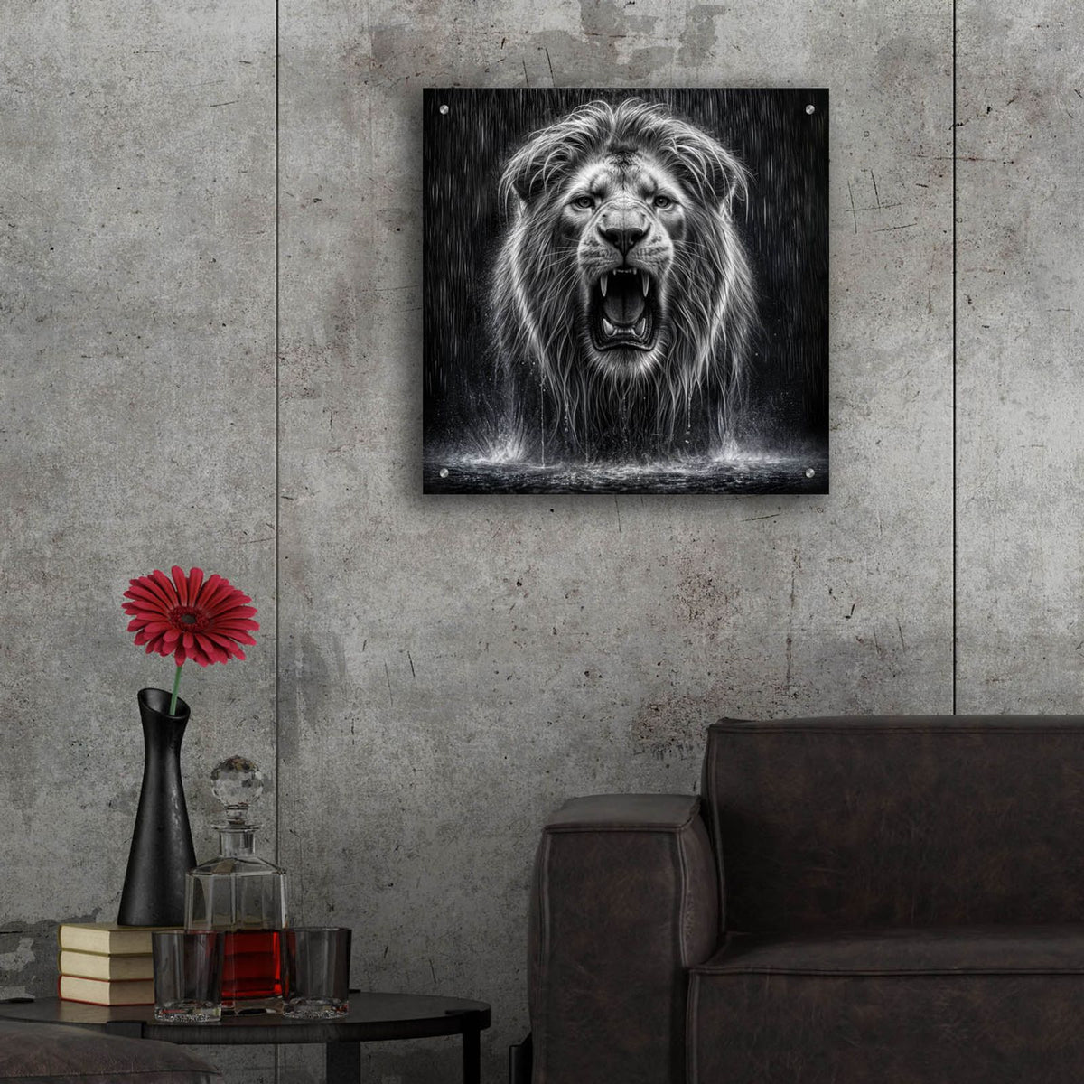 Lion In Rain Drops by Rey Klimt - 24x24 acrylic wall art in a room