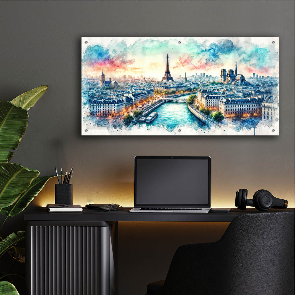 Paris France Watercolor by Rey Klimt - 48x24 acrylic wall art in a room