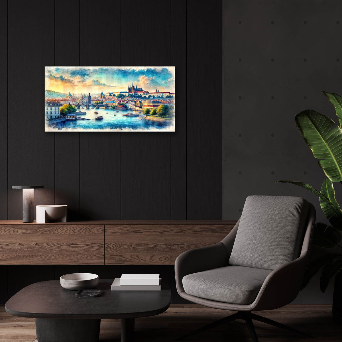 Prague Watercolor by Rey Klimt - 24x12 acrylic wall art in a room