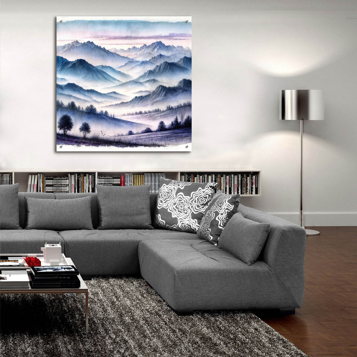 Purple Mountains Scene Watercolor by Rey Klimt - 36x36 acrylic wall art in a room