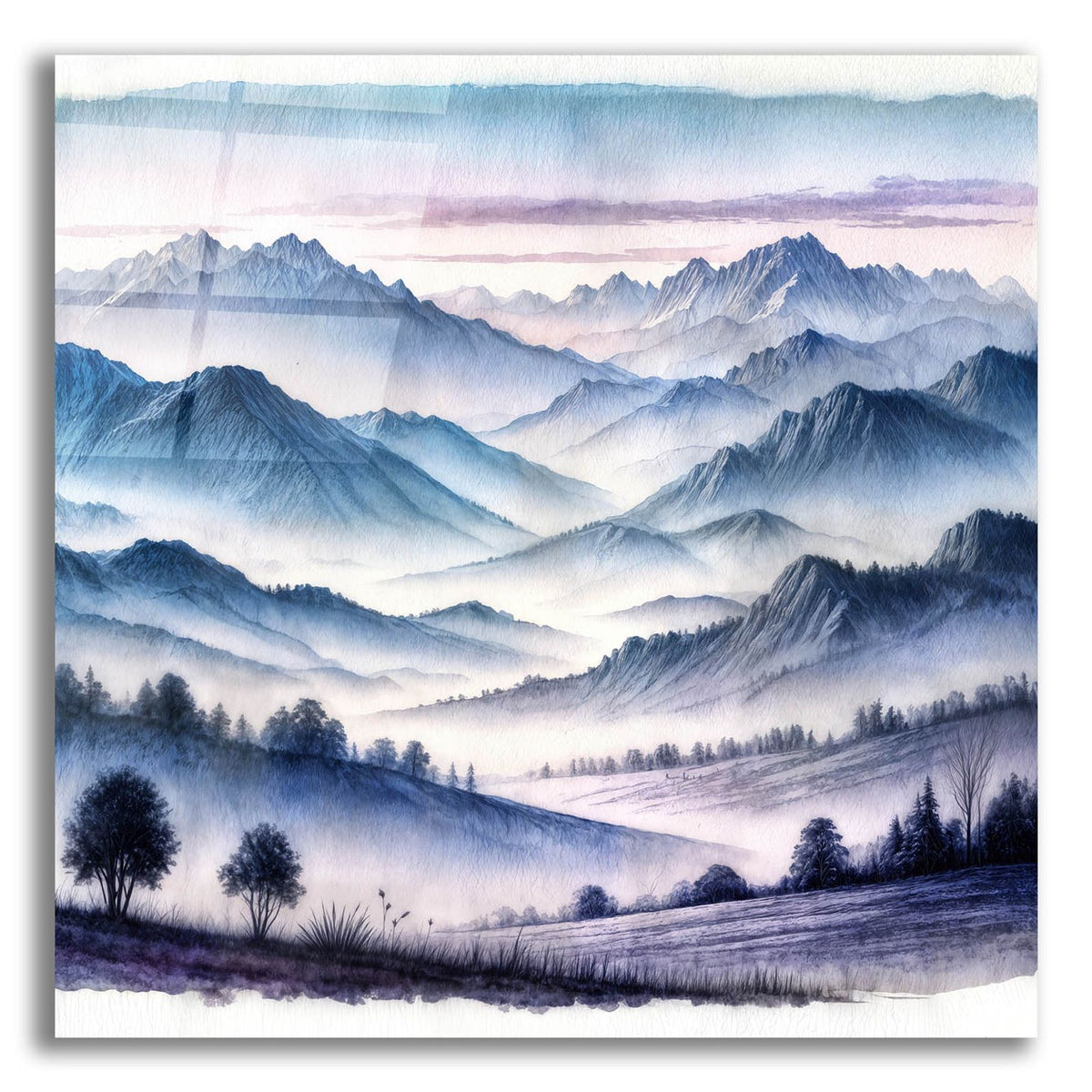 Purple Mountains Scene Watercolor by Rey Klimt acrylic glass wall art