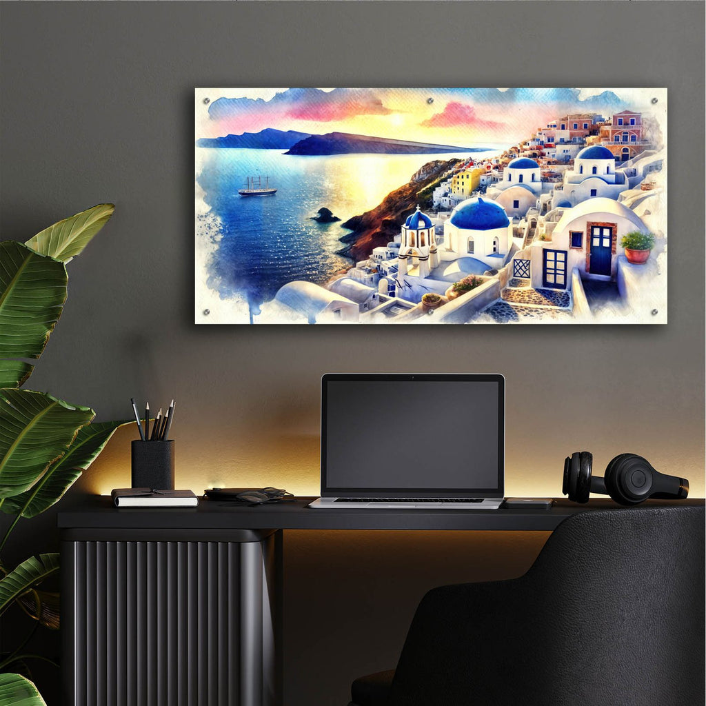 Santorini Watercolor by Rey Klimt - 48x24 acrylic wall art in a room