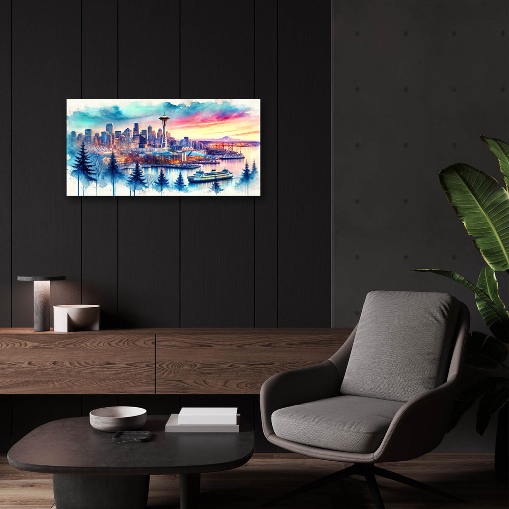 Seattle Watercolor Panorama by Rey Klimt - 24x12 acrylic wall art in a room