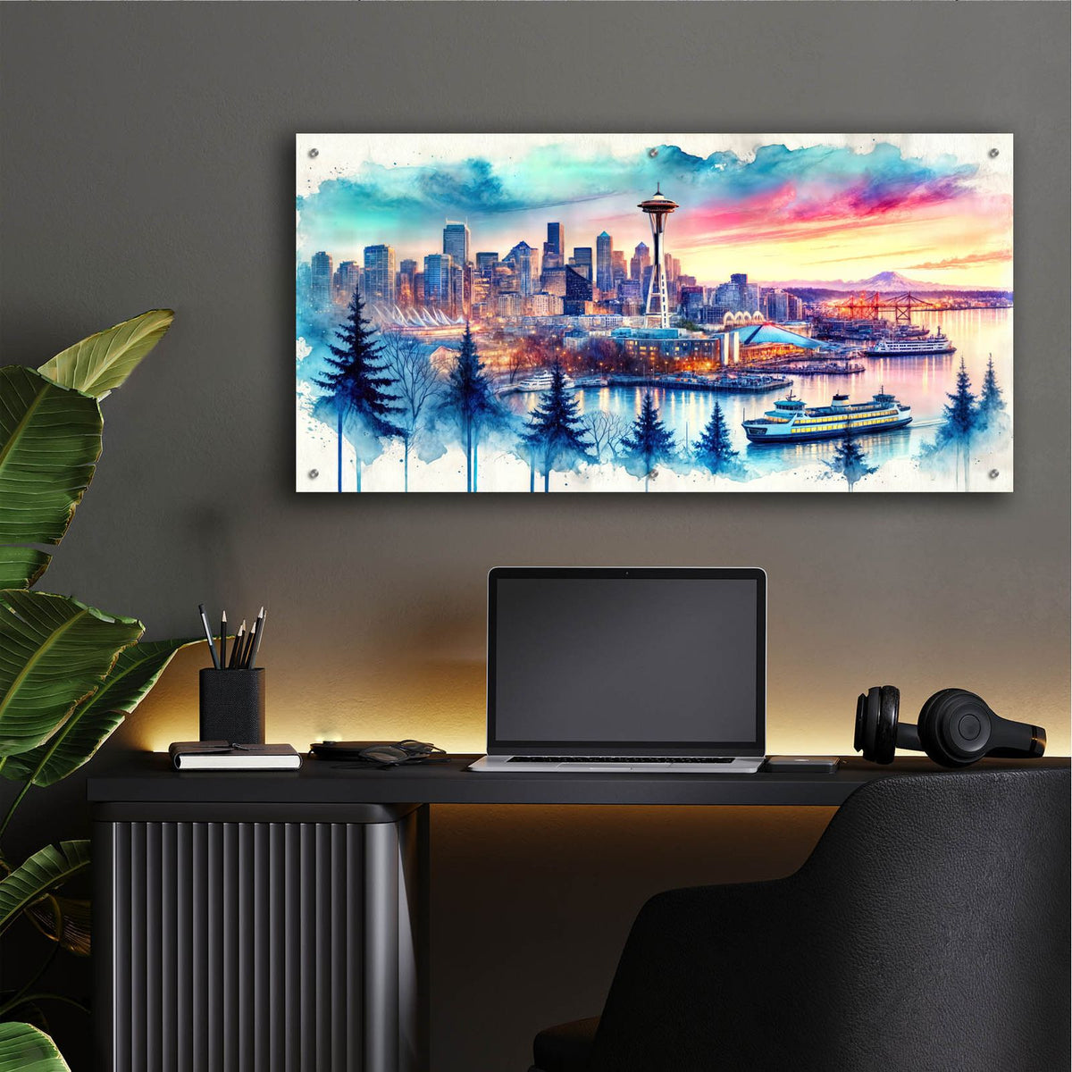 Seattle Watercolor Panorama by Rey Klimt - 48x24 acrylic wall art in a room