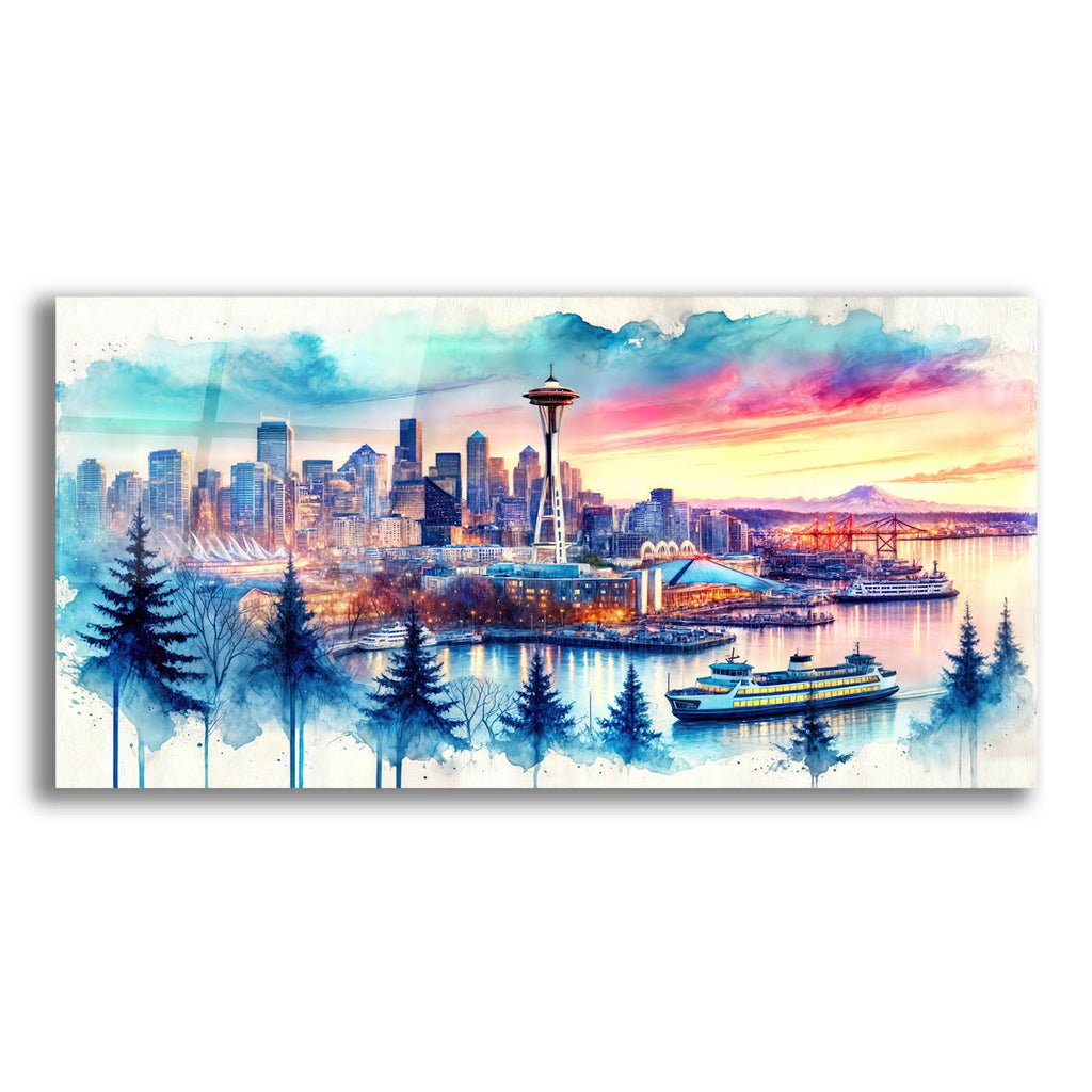 Seattle Watercolor Panorama by Rey Klimt acrylic glass wall art