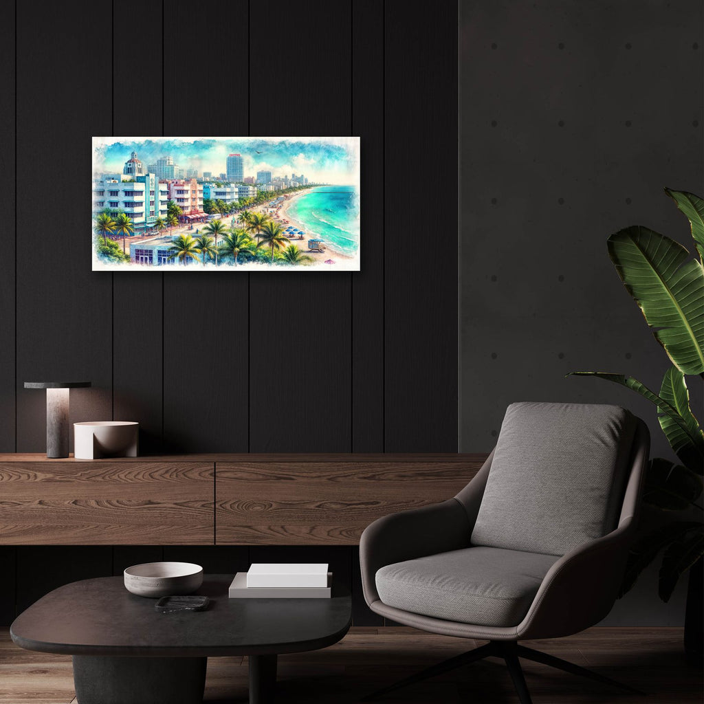 South Beach Miami Watercolor by Rey Klimt - 24x12 acrylic wall art in a room