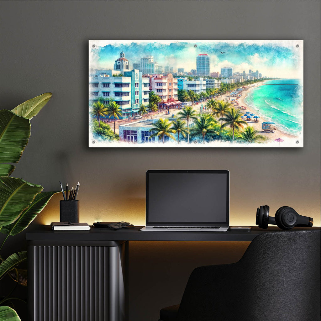 South Beach Miami Watercolor by Rey Klimt - 48x24 acrylic wall art in a room